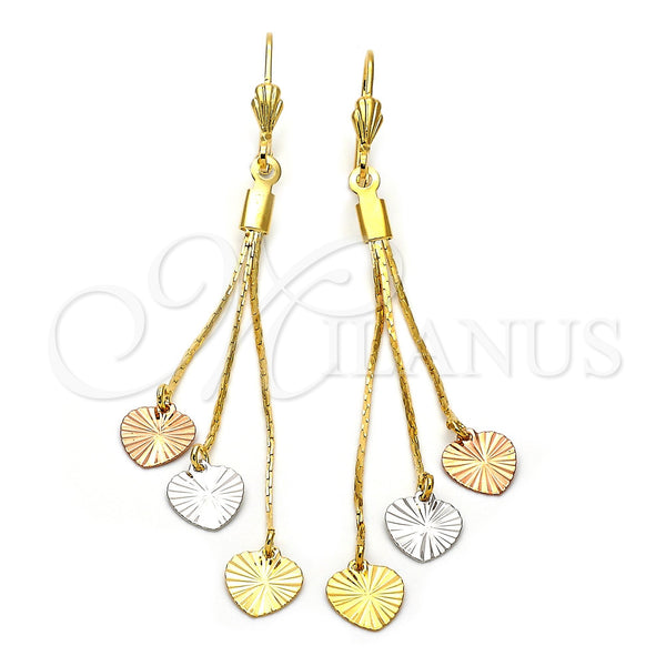 Arete Largo 5.089.006 Oro Laminado, Diseño de Corazón, Diamantado, Tres Tonos