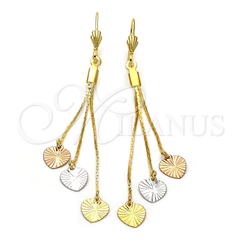 Arete Largo 5.089.006 Oro Laminado, Diseño de Corazón, Diamantado, Tres Tonos