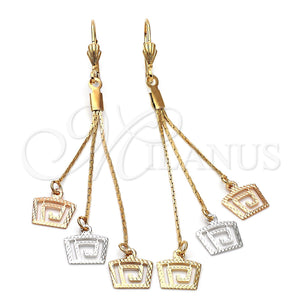 Arete Largo 5.098.008 Oro Laminado, Diseño de Llave Griega, Diamantado, Tres Tonos
