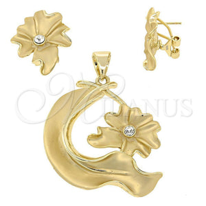 Juego de Arete y Dije de Adulto 5.040.006 Oro Laminado, Diseño de Flor, con Blanca Cristal, Mate, Tono Dorado