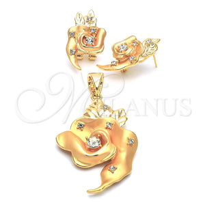 Juego de Arete y Dije de Adulto 5.051.006 Oro Laminado, Diseño de Flor, con Blanca Cristal, Pulido, Tono Dorado