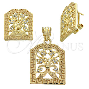 Juego de Arete y Dije de Adulto 5.046.010 Oro Laminado, Diseño de Flor, con Blanca Cristal, Pulido, Tono Dorado