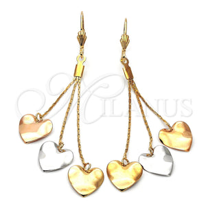 Arete Largo 5.111.005 Oro Laminado, Diseño de Corazón, Pulido, Tres Tonos
