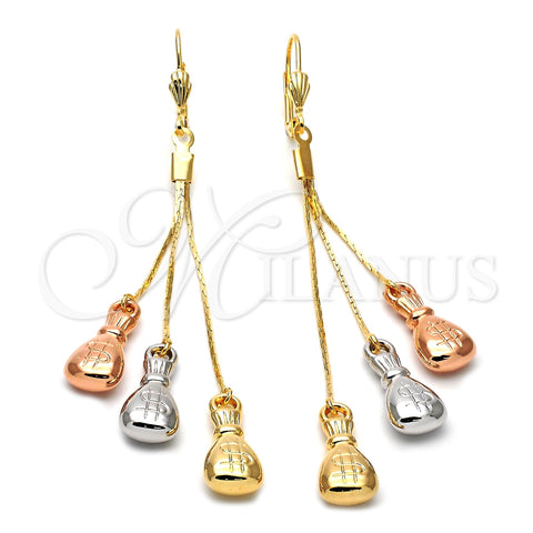 Arete Largo 5.100.001 Oro Laminado, Diseño de Dinero, Diamantado, Tres Tonos