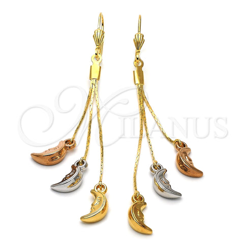 Arete Largo 5.112.004 Oro Laminado, Diseño de Luna, Diamantado, Tres Tonos