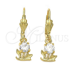 Arete Colgante 5.027.014 Oro Laminado, Diseño de Flor y Oja, con Blanca Zirconia Cubica, Diamantado, Tono Dorado