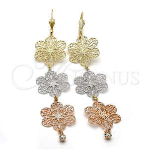 Arete Largo 5.077.006 Oro Laminado, Diseño de Flor, con Blanca Zirconia Cubica, Diamantado, Tres Tonos