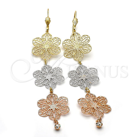 Arete Largo 5.077.006 Oro Laminado, Diseño de Flor, con Blanca Zirconia Cubica, Diamantado, Tres Tonos
