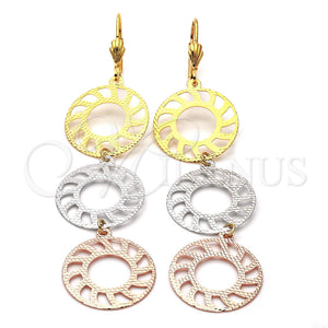 Arete Largo 5.090.004 Oro Laminado, Diseño de Sol, Diamantado, Tres Tonos