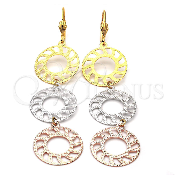 Arete Largo 5.090.004 Oro Laminado, Diseño de Sol, Diamantado, Tres Tonos