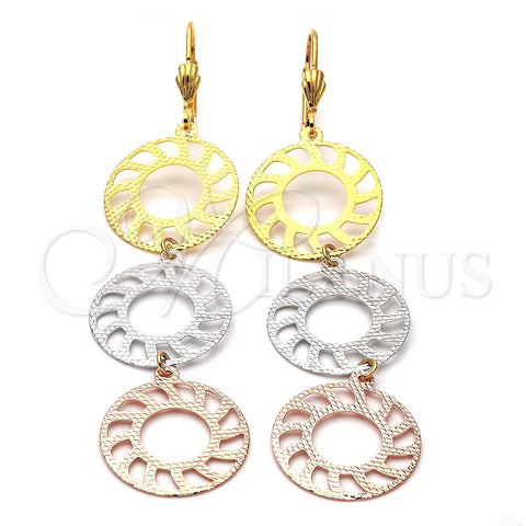 Arete Largo 5.090.004 Oro Laminado, Diseño de Sol, Diamantado, Tres Tonos