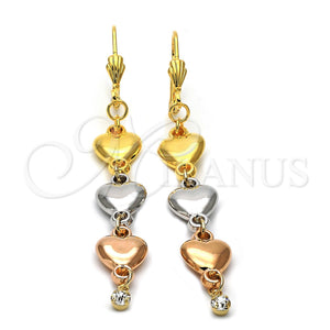 Arete Largo 5.082.009 Oro Laminado, Diseño de Corazón, con Blanca Zirconia Cubica, Pulido, Tres Tonos