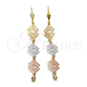 Arete Largo 5.083.011 Oro Laminado, Diseño de File, con Blanca Zirconia Cubica, Diamantado, Tres Tonos