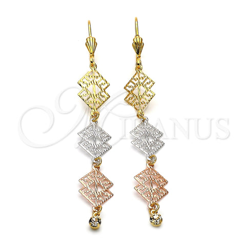 Arete Largo 5.083.011 Oro Laminado, Diseño de File, con Blanca Zirconia Cubica, Diamantado, Tres Tonos