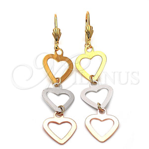 Arete Largo 5.065.011 Oro Laminado, Diseño de Corazón, Pulido, Tres Tonos