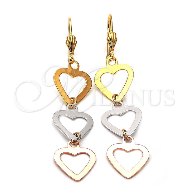 Arete Largo 5.065.011 Oro Laminado, Diseño de Corazón, Pulido, Tres Tonos