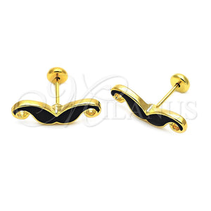 Arete Dormilona 02.09.0016 Oro Laminado, Diseño de Bigote, Esmaltado Negro, Tono Dorado