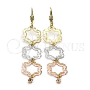 Arete Largo 5.099.013 Oro Laminado, Diseño de Flor, con Blanca Zirconia Cubica, Diamantado, Tres Tonos