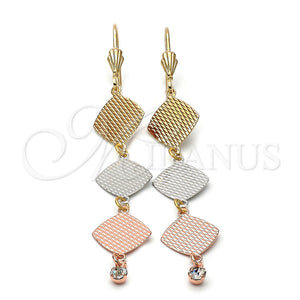 Arete Largo 5.104.016 Oro Laminado, con Blanca Zirconia Cubica, Diamantado, Tres Tonos
