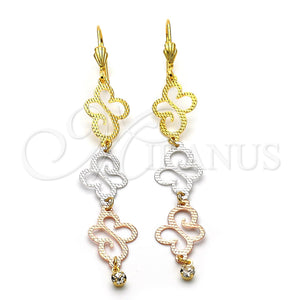 Arete Largo 5.101.001 Oro Laminado, Diseño de Mariposa, con Blanca Zirconia Cubica, Diamantado, Tres Tonos