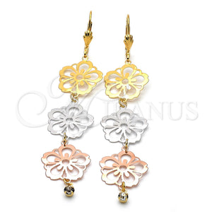 Arete Largo 5.090.007 Oro Laminado, Diseño de Flor, con Blanca Zirconia Cubica, Pulido, Tres Tonos