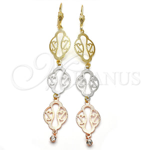 Arete Largo 5.107.011 Oro Laminado, Diseño de File, con Blanca Zirconia Cubica, Diamantado, Tres Tonos