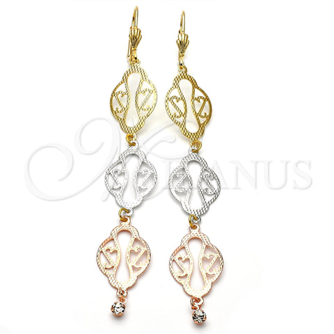 Arete Largo 5.107.011 Oro Laminado, Diseño de File, con Blanca Zirconia Cubica, Diamantado, Tres Tonos