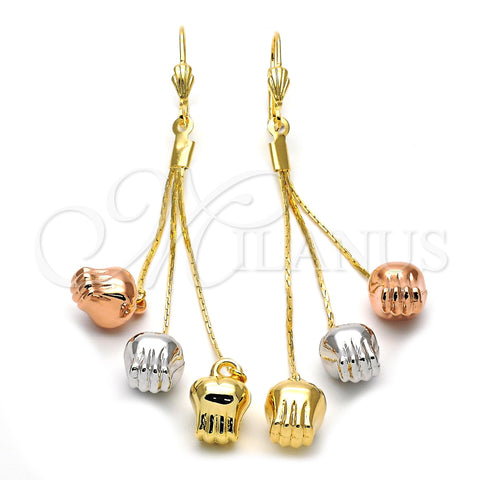 Arete Largo 5.110.001 Oro Laminado, Diseño de Manos, Diamantado, Tres Tonos
