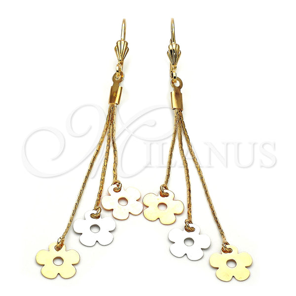 Arete Largo 5.088.015 Oro Laminado, Diseño de Flor, Pulido, Tres Tonos
