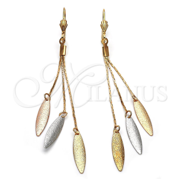 Arete Largo 5.086.002 Oro Laminado, Diseño de Oja, Diamantado, Tres Tonos