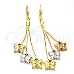 Arete Largo 5.071.002 Oro Laminado, Diseño de Mariposa, Diamantado, Tres Tonos