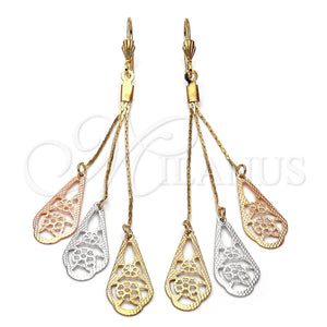 Arete Largo 5.082.002 Oro Laminado, Diseño de Flor y Gota, Diamantado, Tres Tonos