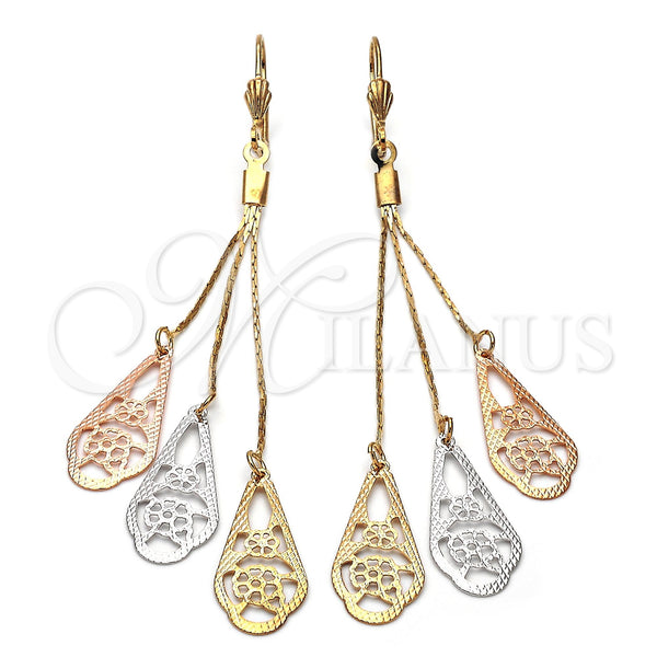Arete Largo 5.082.002 Oro Laminado, Diseño de Flor y Gota, Diamantado, Tres Tonos