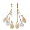 Arete Largo 5.082.002 Oro Laminado, Diseño de Flor y Gota, Diamantado, Tres Tonos
