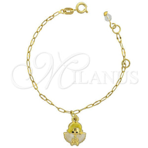 Pulsera de Dije 03.16.0006 Oro Laminado, Diseño de Angel, Esmaltado Blanco, Tono Dorado (6 Inches Length)
