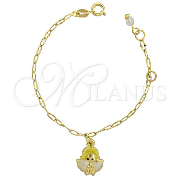 Pulsera de Dije 03.16.0006 Oro Laminado, Diseño de Angel, Esmaltado Blanco, Tono Dorado (6 Inches Length)