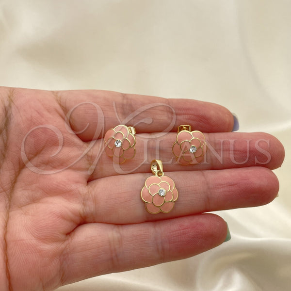 Juego de Arete y Dije de Adulto 10.65.0558 Oro Laminado, Diseño de Flor, Esmaltado, Tono Dorado