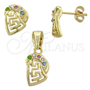 Juego de Arete y Dije de Adulto 10.91.0036 Oro Laminado, Diseño de Llave Griega, con Blanca Cristal, Pulido, Tono Dorado