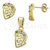Juego de Arete y Dije de Adulto 10.91.0036 Oro Laminado, Diseño de Llave Griega, con Blanca Cristal, Pulido, Tono Dorado