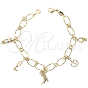 Pulsera de Dije 5.021.010.1 Oro Laminado, Diseño de Manzana y Zapato, Diamantado, Tono Dorado (08 MM Thickness, 7 Inches Length)