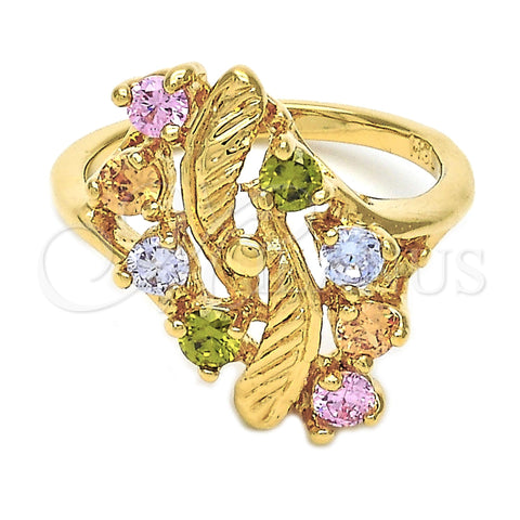 Anillo Multi Piedra 5.172.018.07 Oro Laminado, Diseño de Cluster y Oja, con Multicolor Zirconia Cubica, Diamantado, Tono Dorado (Size 7)
