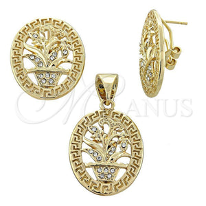 Juego de Arete y Dije de Adulto 5.046.005 Oro Laminado, Diseño de Flor, con Blanca Cristal, Pulido, Tono Dorado