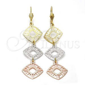 Arete Largo 5.088.001 Oro Laminado, Diseño de File, Diamantado, Tres Tonos