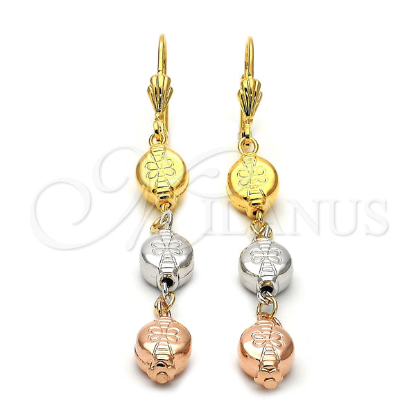 Arete Largo 5.116.013 Oro Laminado, Diseño de Flor, Diamantado, Tres Tonos