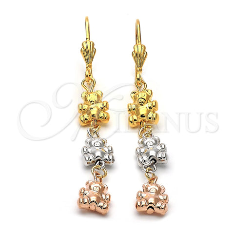 Arete Largo 5.113.013 Oro Laminado, Diseño de Osito, Diamantado, Tres Tonos