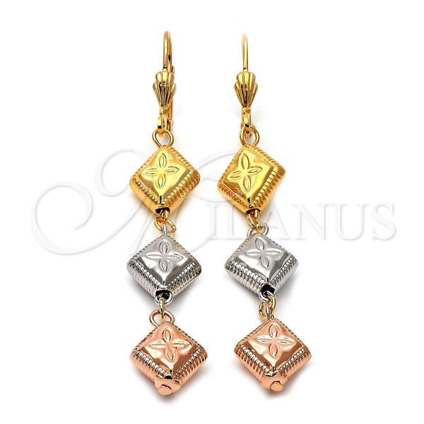 Arete Largo 5.095.012 Oro Laminado, Diseño de Flor, Diamantado, Tres Tonos