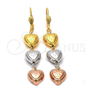 Arete Largo 5.063.009 Oro Laminado, Diseño de Corazón, Diamantado, Tres Tonos
