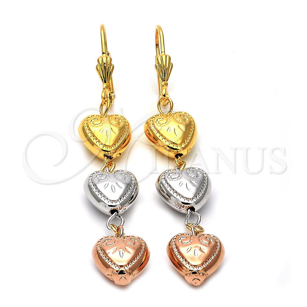 Arete Largo 5.063.009 Oro Laminado, Diseño de Corazón, Diamantado, Tres Tonos