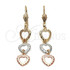 Arete Largo 5.090.014 Oro Laminado, Diseño de Corazón, Diamantado, Tres Tonos