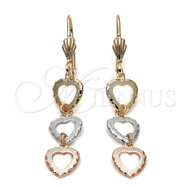 Arete Largo 5.090.014 Oro Laminado, Diseño de Corazón, Diamantado, Tres Tonos